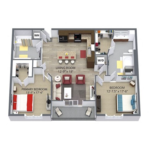 Floor plan for 2 beds, 2 baths, 1078 sqft